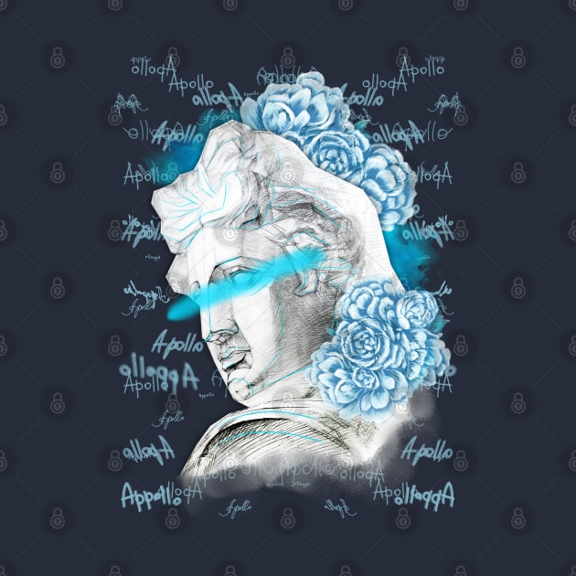 Apollo head statue with a blue peony flowers and buds on a black background. by Olena Tyshchenko