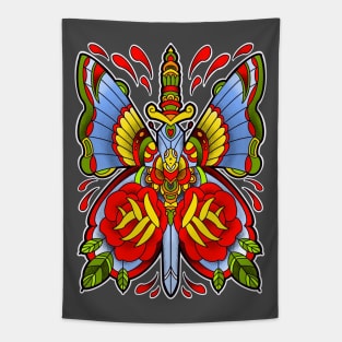 Traditional butterfly dagger tattoo design Tapestry