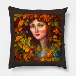 Autumnal Equinox Beautiful Woman Surrounded By Autumn Leaves Pillow