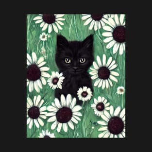 Black kitten in a field of daisies T-Shirt