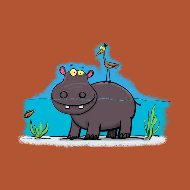 Cute hippo in the river with bird cartoon by FrogFactory