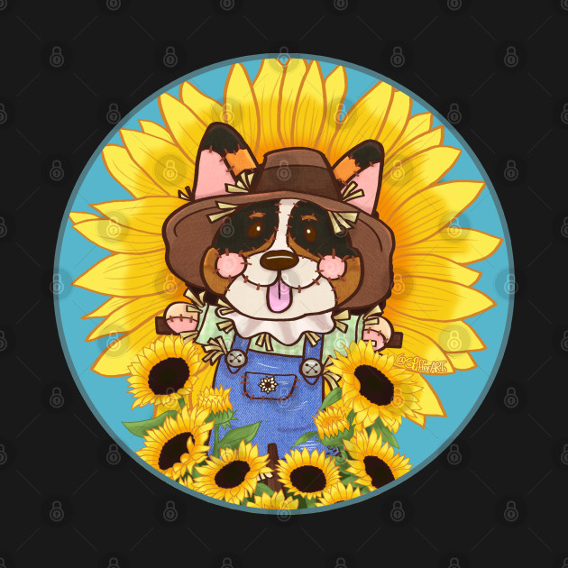 Tri Color Corgi Scarecrow in the Sunflower Field by SPufferARTs