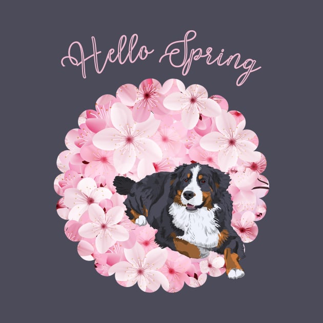 Hello Spring with Bernese Mountain Dog and Sakura Flower Circle by Seasonal Dogs