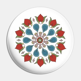 Geometric pattern of red blue rosette flowers on pink circles Pin