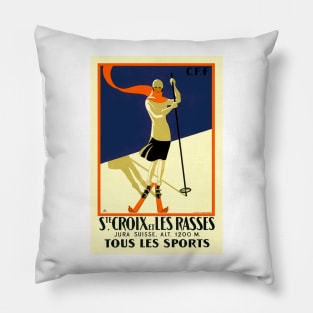 Vintage Swiss Skiing Travel Poster - Ste. Croix et Les Rasses Pillow