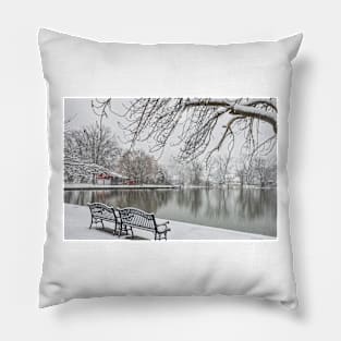 Snowy Benches by the Lake Pillow