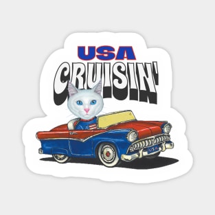 Adorable cute kitty cat is cruisin' through the USA with a vintage car Magnet