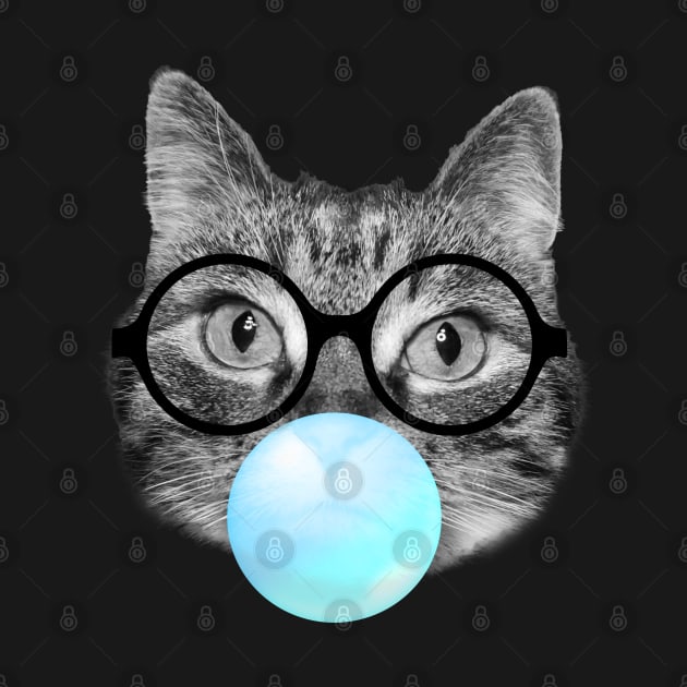 Cute fluffy cat blowing a blue bubble gum by Purrfect