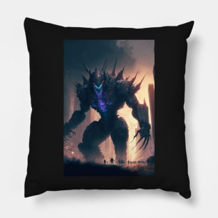 Monster giant robot cyborg attacking the city Pillow