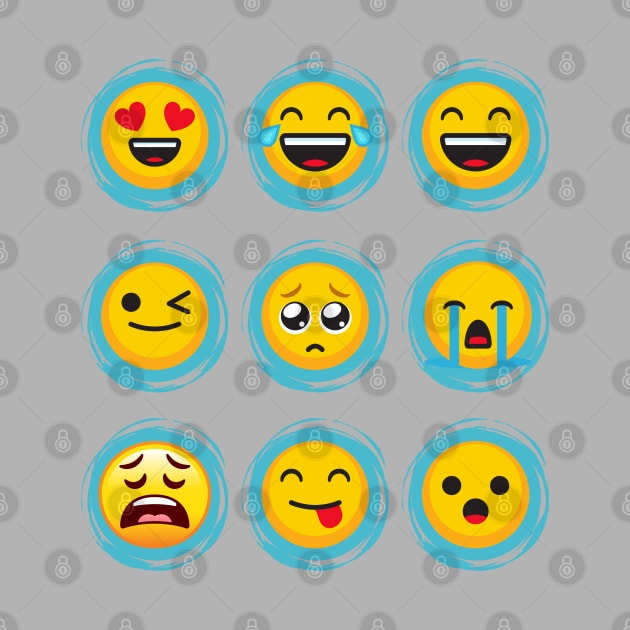 Emojination 9 Classic Yellow Faces Blue Circles by Elysian Alcove