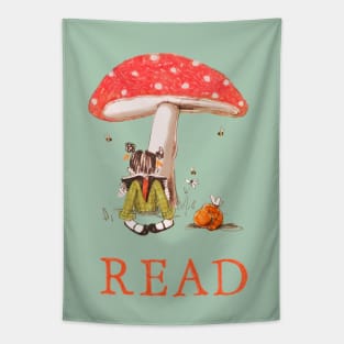 Girl Reading Under Mushroom Tapestry