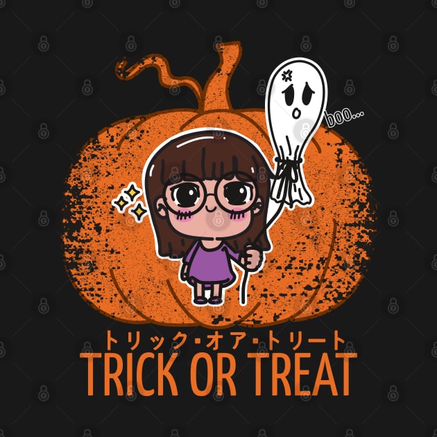 Kawaii Girl and the Unhappy Spirit: Halloween Charm on Pumpkin Background by InnerYou