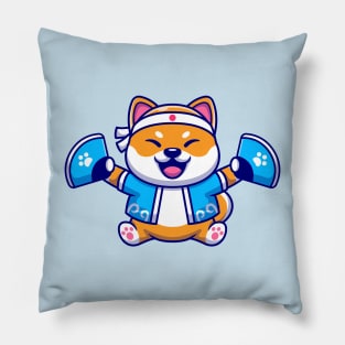 Cute Shiba Inu Dog Wearing Japanese Costume And  Handheld Fan Cartoon Pillow