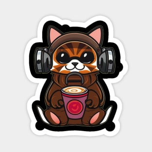 Cute Cat Wearing Headphones Holding Coffee Magnet