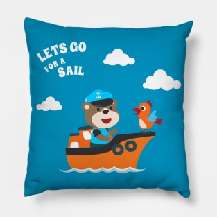 Cute bear the animal sailor on the boat with cartoon style Pillow