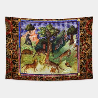 BOOK OF HUNTING ,WILD CATS, LEOPARDS IN WOODLAND GREENERY Medieval Miniature Tapestry