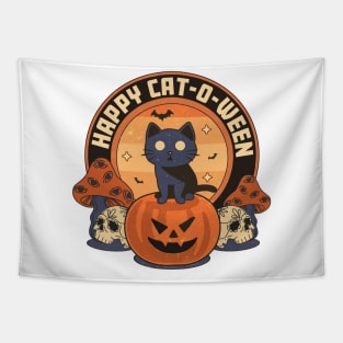 Happy Cat-o-ween: Pumpkin, Skulls, Cat, and Bats Tapestry