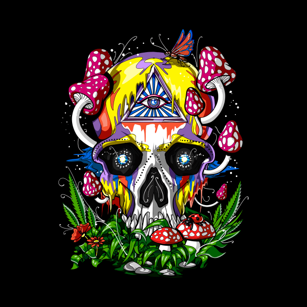 Psychedelic Magic Mushrooms Skull by underheaven