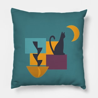 Cat Window Night Crescent Moon Pillow