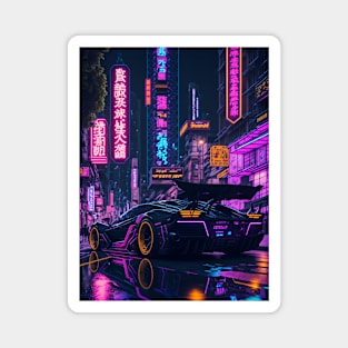 Dark Neon City Sports Car Magnet