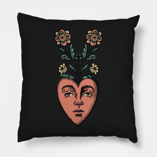 Traditional Tattoo Heart with Botanicals Pillow by rosiemoonart