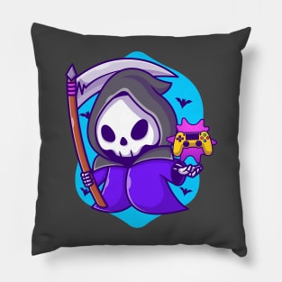 Cute Grim Reaper Gaming With Scythe Cartoon Pillow