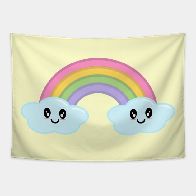 Kawaii Cute Happy Rainbow and Clouds in Yellow Tapestry by Kelly Gigi