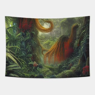 Digital Painting of a Beautiful Jungle With Tropical Leaves and Lake Tapestry