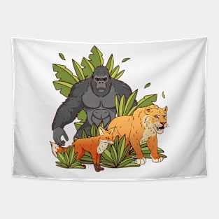 Gorilla Fox Lion Hand Dawn Tapestry