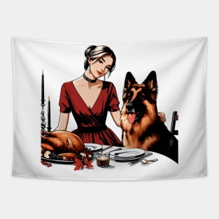 Lady And German Shepherd Thanksgiving Tapestry