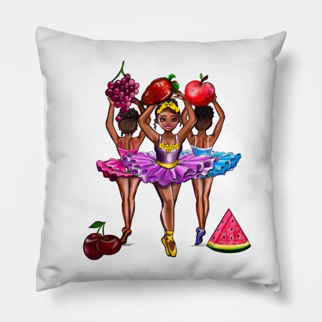 3 African American melanin queen ballerinas dancing with fruit love to dance ballet Pillow by Artonmytee