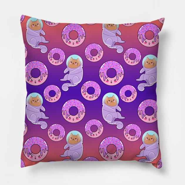 Cute sweet adorable Kawaii cats, funny pink yummy donuts with sprinkles colorful purple orange pattern design. Space suits and astronauts. Sweet galaxy. Pillow by IvyArtistic