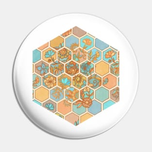 Golden Honeycomb Tangle - hexagon doodle in peach, blue, mint & cream Pin