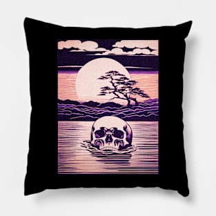 Skull Serenity Vaporwave Woodblock Print Pillow