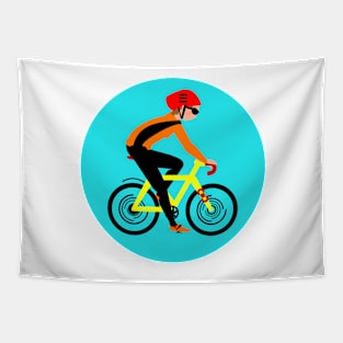 Cyclist, woman on a  yellow bike Tapestry