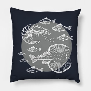 Sea Fishes - Hand Drawn - Grey Pillow