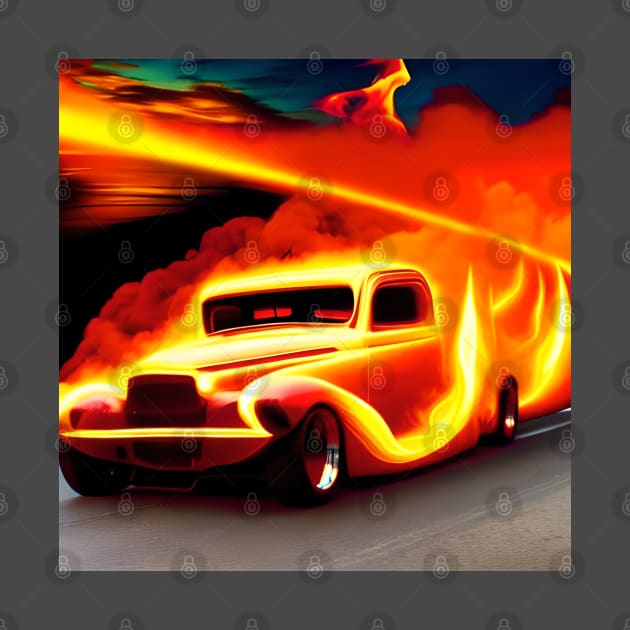 A Stunning Orange Vintage Hot Rod Car Covered In Flames and Smoke by Musical Art By Andrew