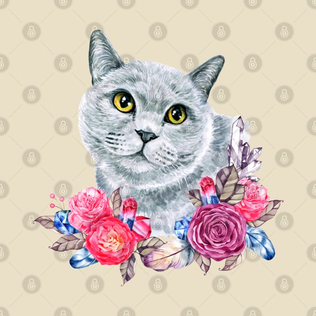 Cute Russian Blue Cat with Roses Watercolor Art by AdrianaHolmesArt