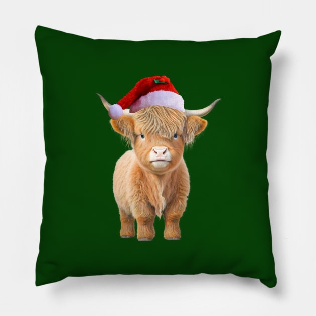 Highland Cow Wearing a Santa Claus Hat Pillow by numpdog