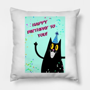 Happy Birthday Retro Black Cat Pillow