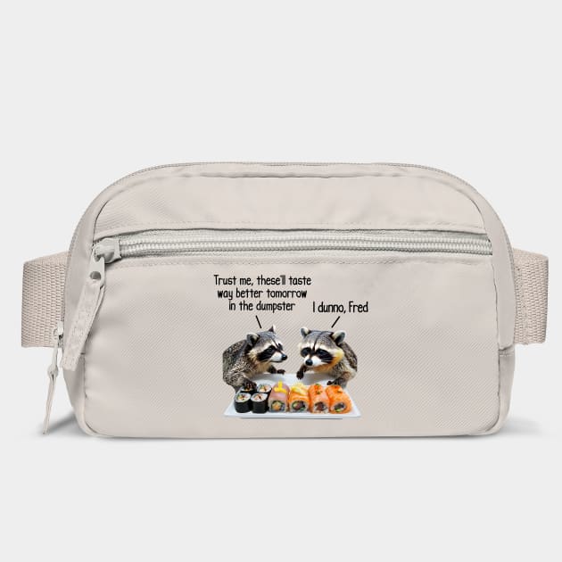 Two Raccoons Discussing Sushi, funny racoon design by Luxinda