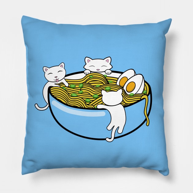 Happy little kittens climbing on a bowl of ramen noodles Pillow by Purrfect