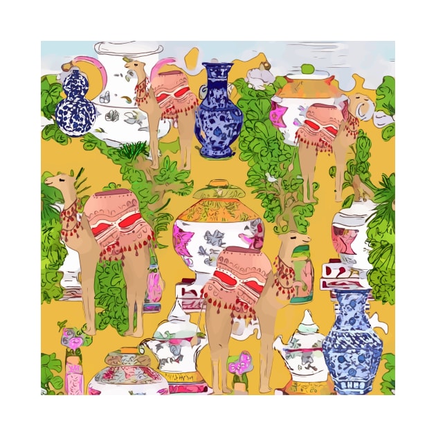 Camels in chinoiserie oasis by SophieClimaArt