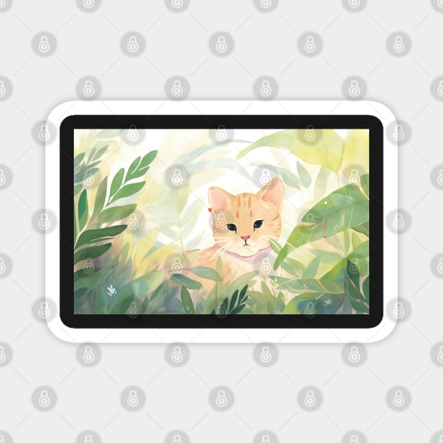 Whimsical Jungle Cat Watercolor Illustration Magnet by A Badger