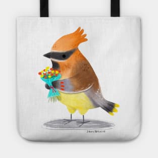 Cedar Waxwing Bird with flowers Tote