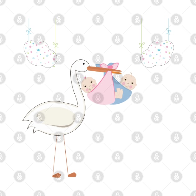 Twin baby with stork, baby arrival card by GULSENGUNEL