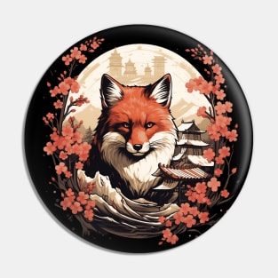 Red Fox Japanese Art with Sakura Trees Pin