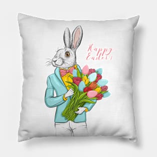 Happy Easter rabbit hipster with flowers and eggs Pillow