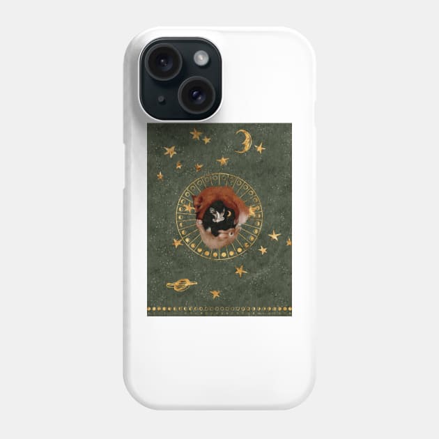 Circle of Life Watercolor : Gold Foils Stars in a Goblincore green sky with a Gemini constellation A rabbit and a fox circle around a barn owl Phone Case by penandbea