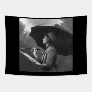 Girl wearing an umbrella draws black and white art Tapestry